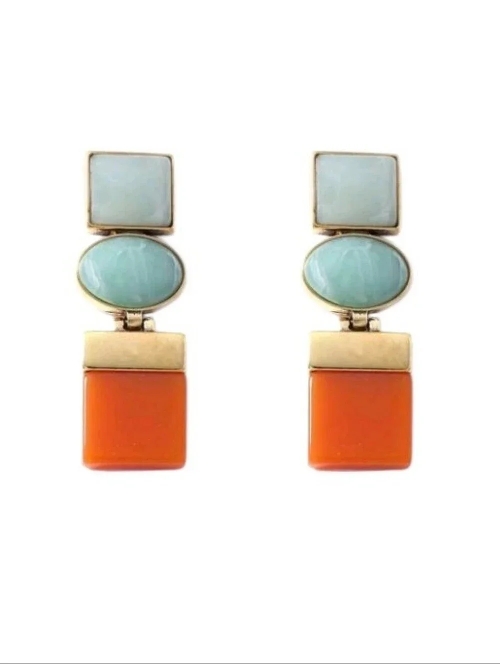 NEW! ZARA Geometric Gold-Tone Orange and Green Mint Statement Drop Earrings